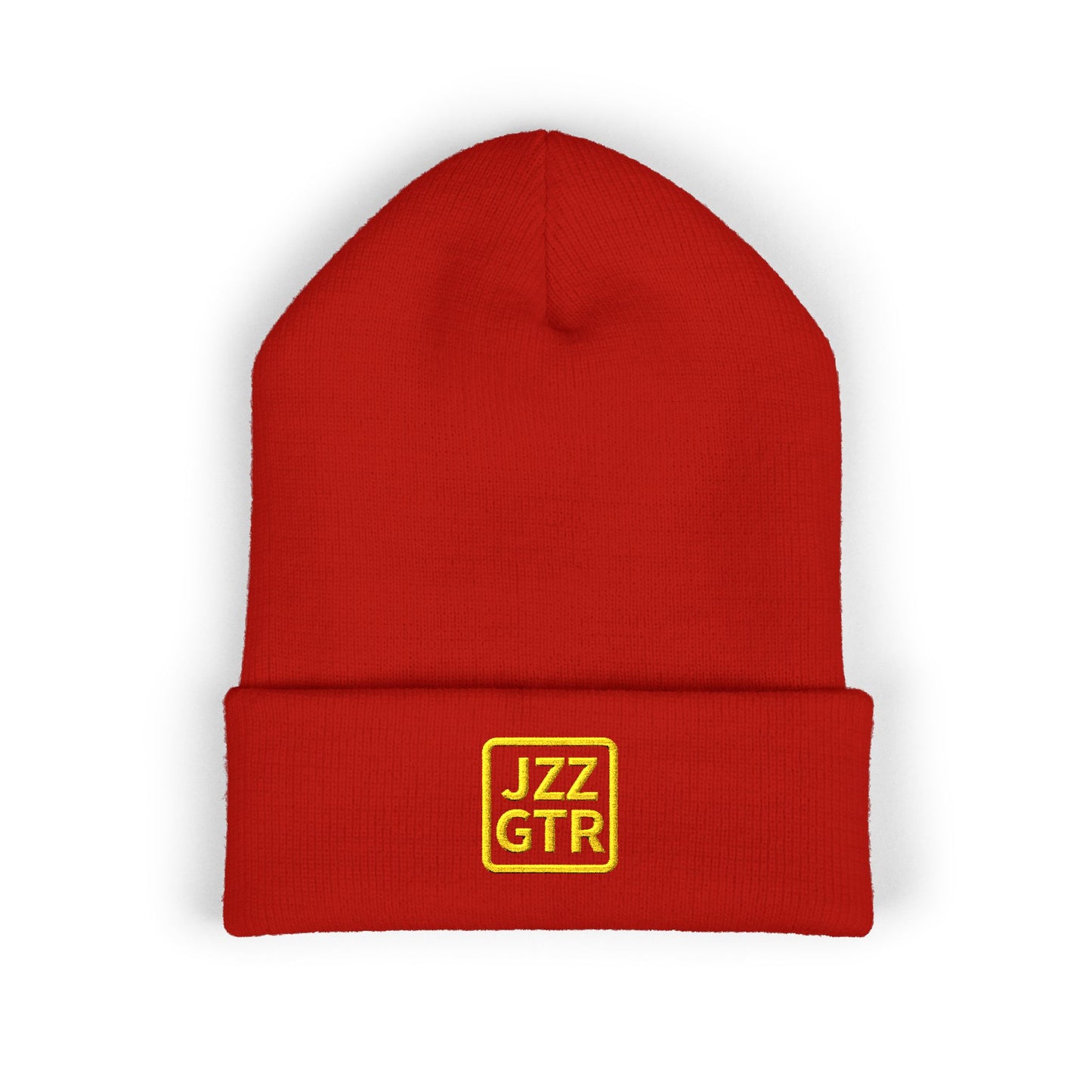 Yellow Embroidered JZZ GTR® Beanie Hat | Bold Winter Knit Hat for Jazz Guitar Fans | Vibrant Cuffed Beanie for Musicians