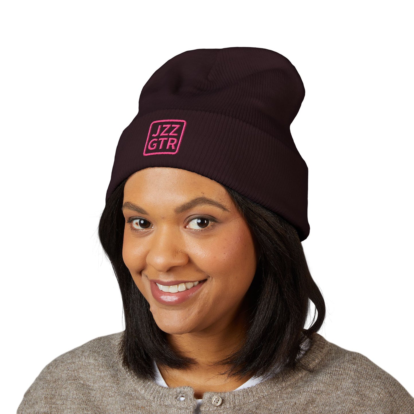 Pink Embroidered JZZ GTR® Beanie Hat | Warm Jazz Guitar Winter Style