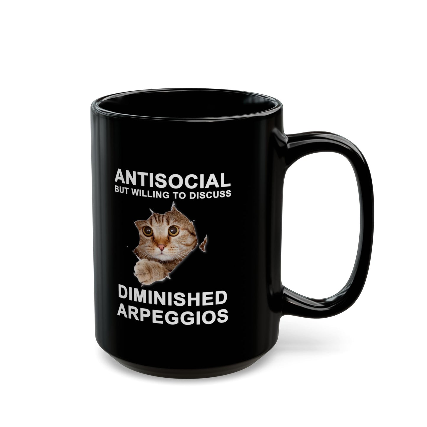 Shy Cat 11oz schwarze Kaffeetasse | Humorvolle Morgenkaffeetasse | Einzigartige Teetasse für Gitarristen | Neuartige Haushaltswaren für Musikliebhaber