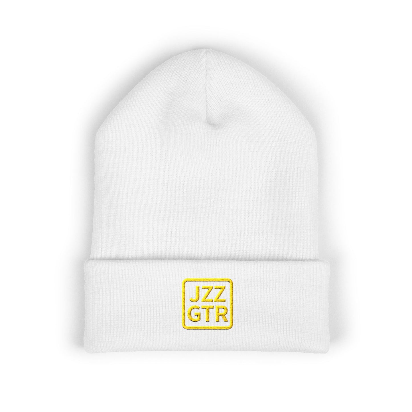 Yellow Embroidered JZZ GTR® Beanie Hat | Bold Winter Knit Hat for Jazz Guitar Fans | Vibrant Cuffed Beanie for Musicians