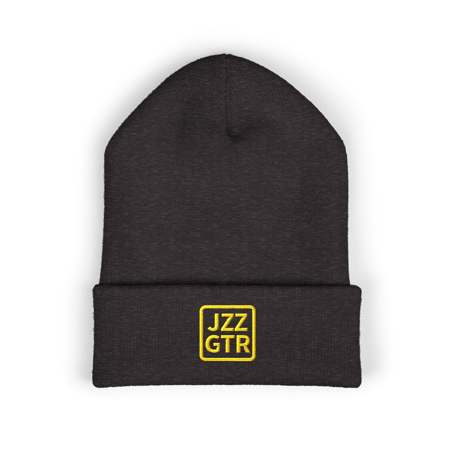 Yellow Embroidered JZZ GTR® Beanie Hat | Bold Winter Knit Hat for Jazz Guitar Fans | Vibrant Cuffed Beanie for Musicians