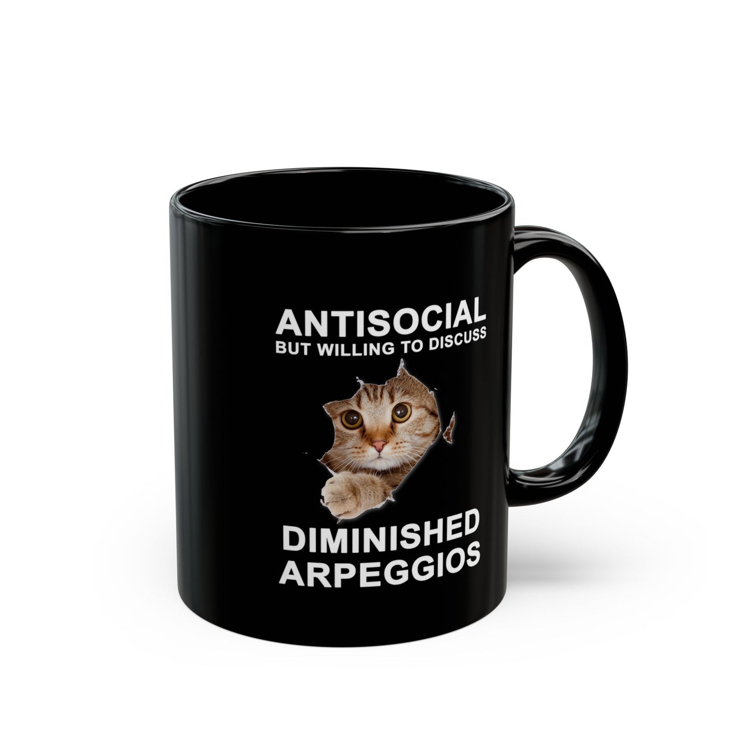 Shy Cat 11oz schwarze Kaffeetasse | Humorvolle Morgenkaffeetasse | Einzigartige Teetasse für Gitarristen | Neuartige Haushaltswaren für Musikliebhaber
