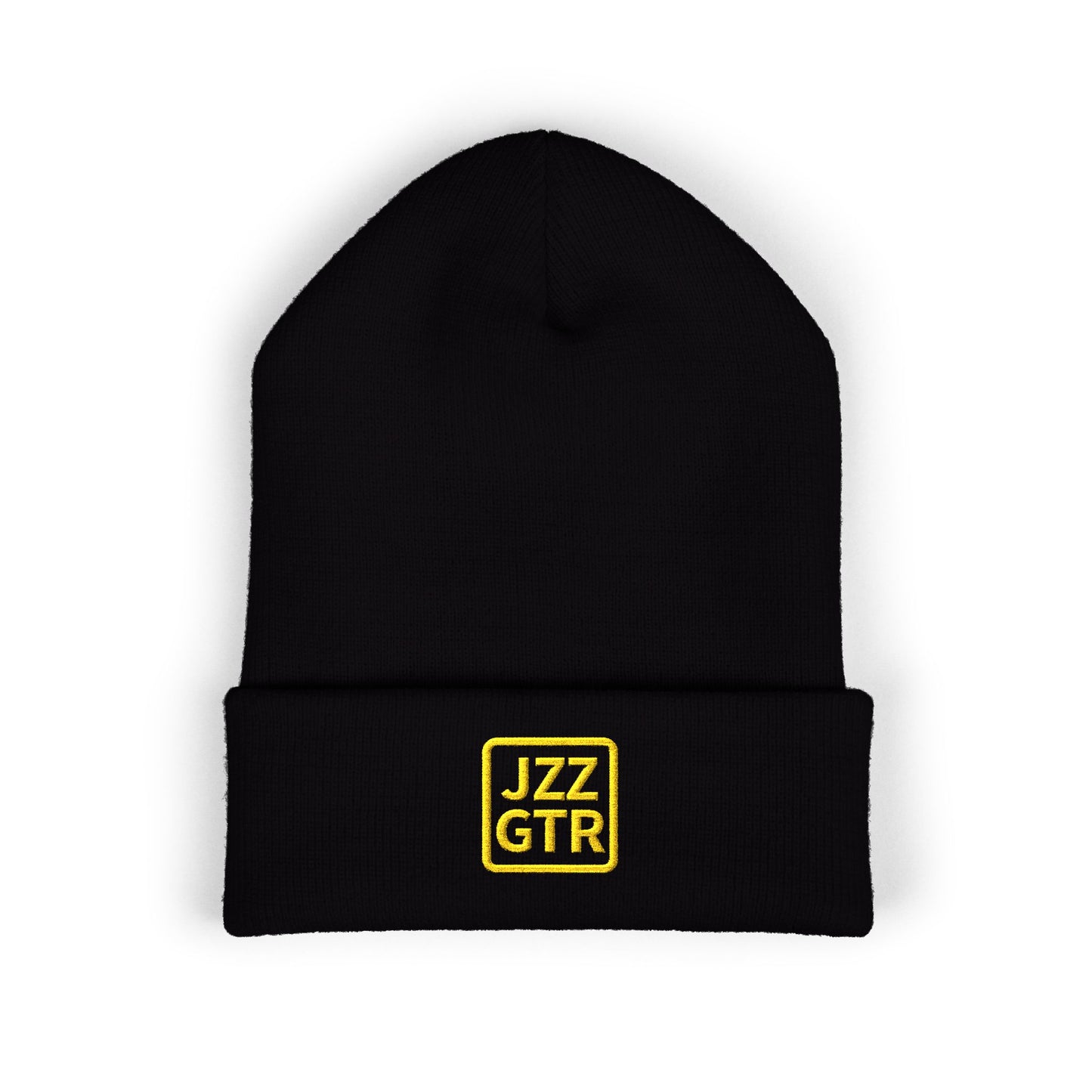 Yellow Embroidered JZZ GTR® Beanie Hat | Bold Winter Knit Hat for Jazz Guitar Fans | Vibrant Cuffed Beanie for Musicians