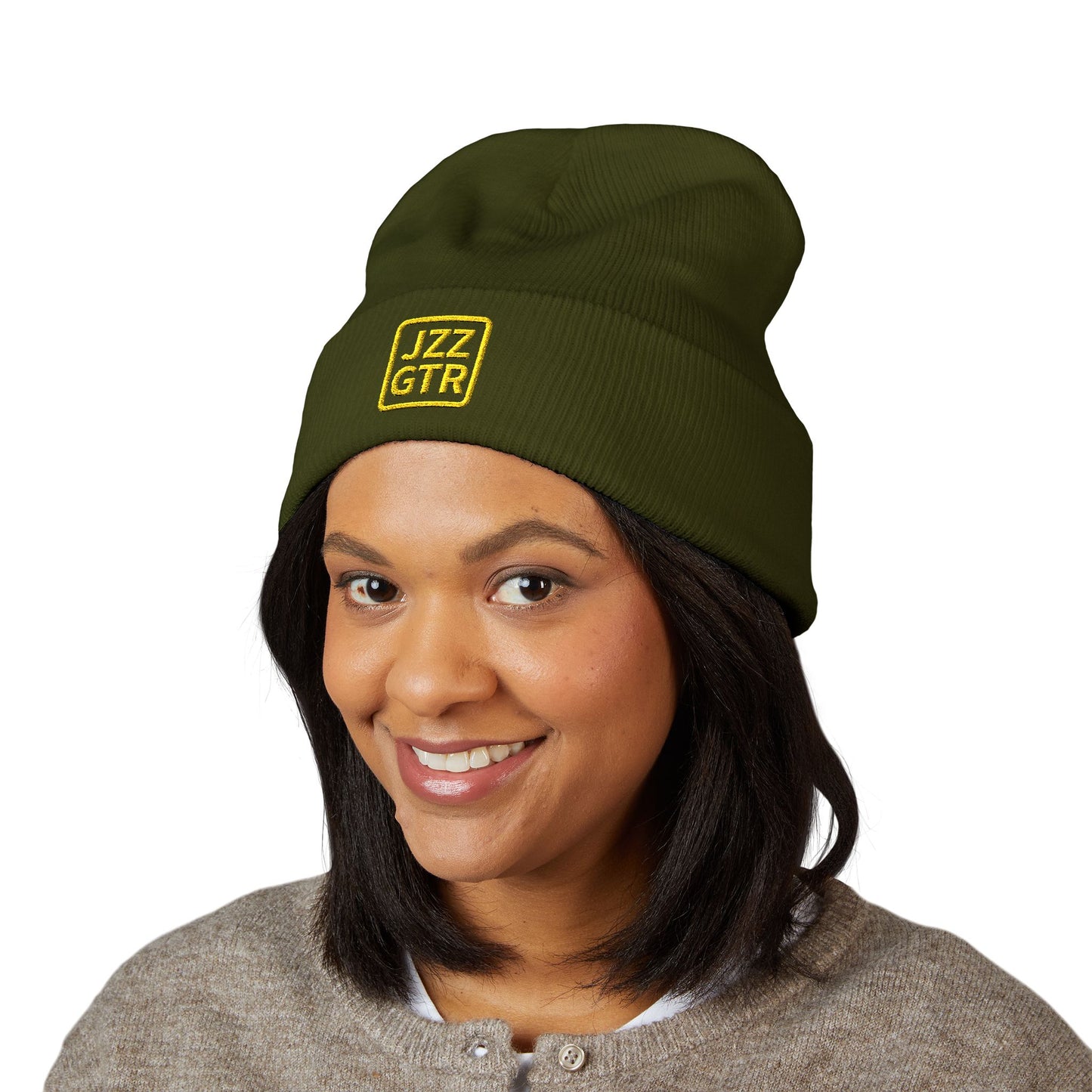 Yellow Embroidered JZZ GTR® Beanie Hat | Bold Winter Knit Hat for Jazz Guitar Fans | Vibrant Cuffed Beanie for Musicians