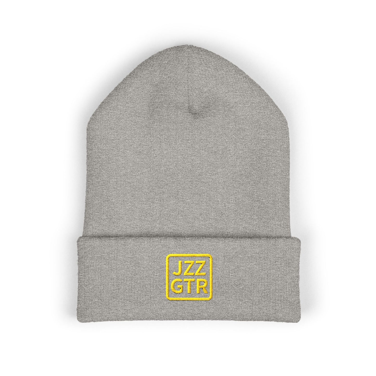 Yellow Embroidered JZZ GTR® Beanie Hat | Bold Winter Knit Hat for Jazz Guitar Fans | Vibrant Cuffed Beanie for Musicians