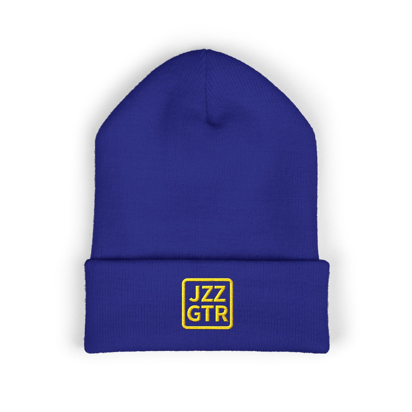 Yellow Embroidered JZZ GTR® Beanie Hat | Bold Winter Knit Hat for Jazz Guitar Fans | Vibrant Cuffed Beanie for Musicians