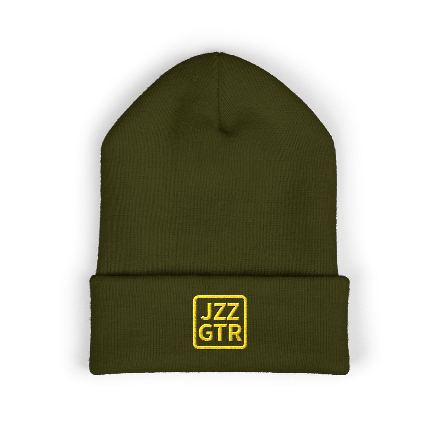 Yellow Embroidered JZZ GTR® Beanie Hat | Bold Winter Knit Hat for Jazz Guitar Fans | Vibrant Cuffed Beanie for Musicians