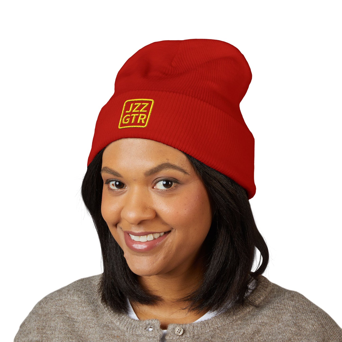 Yellow Embroidered JZZ GTR® Beanie Hat | Bold Winter Knit Hat for Jazz Guitar Fans | Vibrant Cuffed Beanie for Musicians