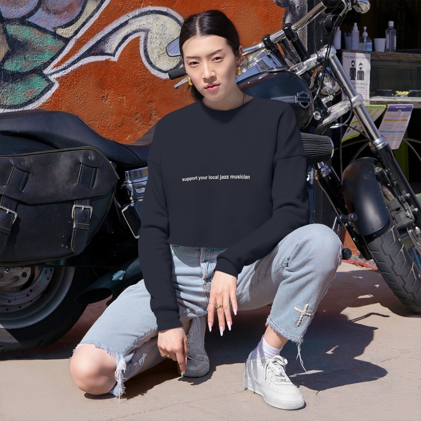 Support A Jazz Musician Cropped Sweatshirt for Women | Fashionable Music Advocacy Wear | Novelty Jazz Enthusiast Gift