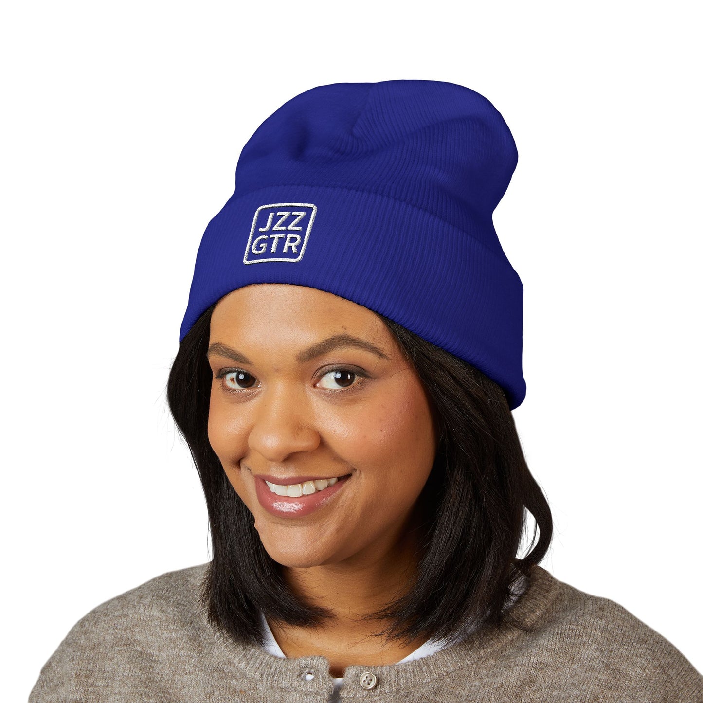 White Embroidered JZZ GTR® Beanie Hat | Classic Jazz Musician Look