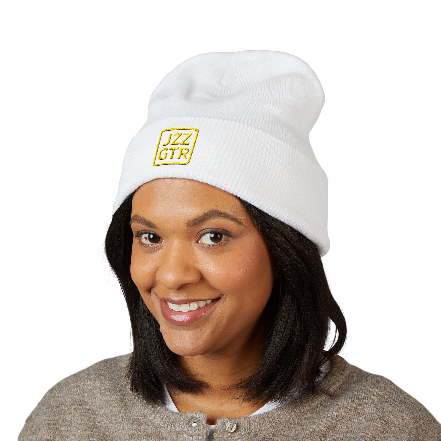 Yellow Embroidered JZZ GTR® Beanie Hat | Bold Winter Knit Hat for Jazz Guitar Fans | Vibrant Cuffed Beanie for Musicians