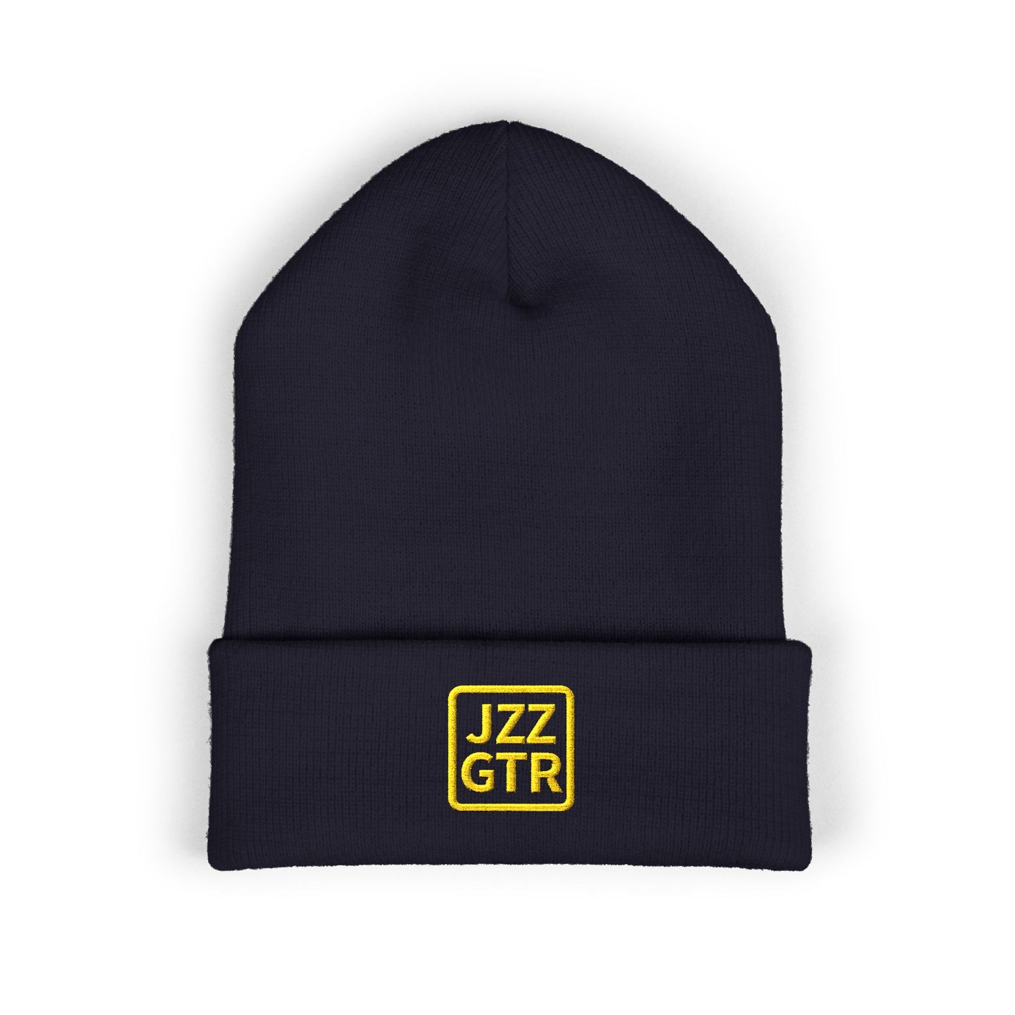 Yellow Embroidered JZZ GTR® Beanie Hat | Bold Winter Knit Hat for Jazz Guitar Fans | Vibrant Cuffed Beanie for Musicians