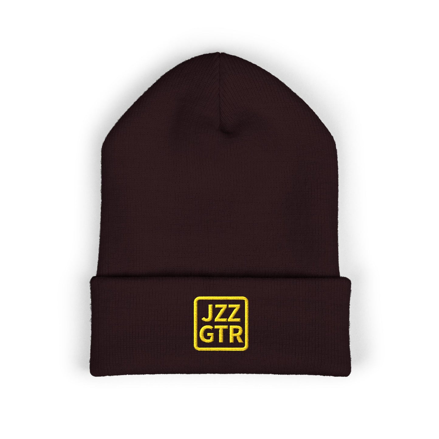 Yellow Embroidered JZZ GTR® Beanie Hat | Bold Winter Knit Hat for Jazz Guitar Fans | Vibrant Cuffed Beanie for Musicians