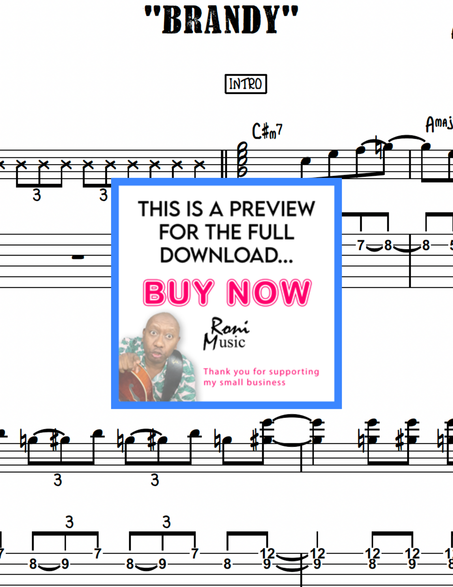 Classic Pop Hit -“Brandy” | 6 & 7-String Guitar Arrangement | Sheet Music, TABS, MIDI & MP3 | Billboard Top 100