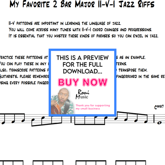 II-V-I Jazz Riffs for 6-String Guitar | Solo Improvisation Enhancement | Sheet Music, TABS & Video | Essential for Jazz Guitarists