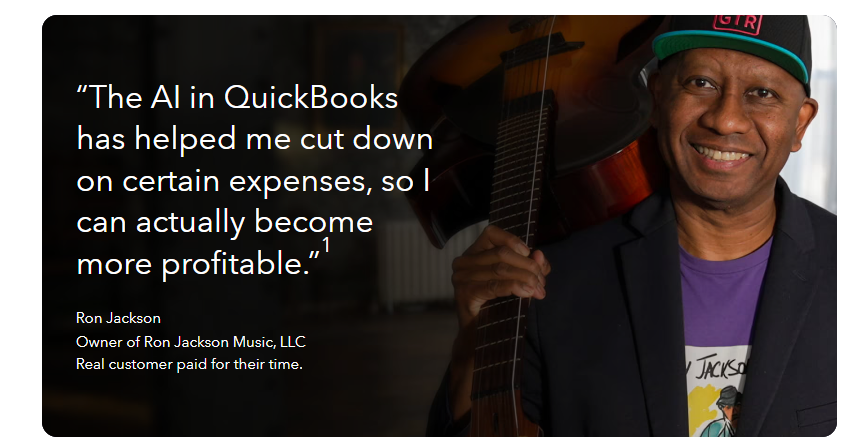 Ron Jackson featured in a QuickBooks Online commercial holding his 7-string guitar with a testimonial quote about QuickBooks AI.