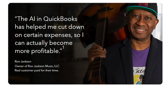 Ron Jackson featured in a QuickBooks Online commercial holding his 7-string guitar with a testimonial quote about QuickBooks AI.