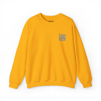 Yellow JZZ GTR ™ Tuning Crewneck Sweatshirt with Sleeve Note Standard & 7-String Tuning Guide