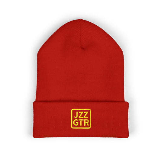 Yellow Embroidered JZZ GTR® Beanie Hat | Bold Winter Knit Hat for Jazz Guitar Fans | Vibrant Cuffed Beanie for Musicians