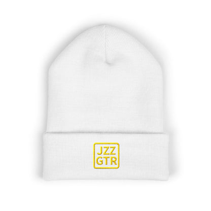 Yellow Embroidered JZZ GTR® Beanie Hat | Bold Winter Knit Hat for Jazz Guitar Fans | Vibrant Cuffed Beanie for Musicians