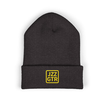 Yellow Embroidered JZZ GTR® Beanie Hat | Bold Winter Knit Hat for Jazz Guitar Fans | Vibrant Cuffed Beanie for Musicians