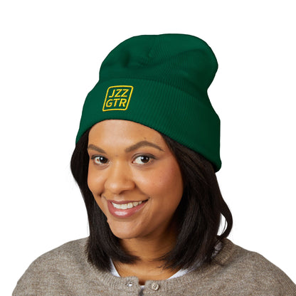 Yellow Embroidered JZZ GTR® Beanie Hat | Bold Winter Knit Hat for Jazz Guitar Fans | Vibrant Cuffed Beanie for Musicians