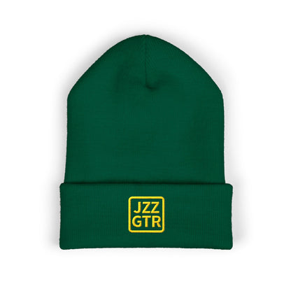 Yellow Embroidered JZZ GTR® Beanie Hat | Bold Winter Knit Hat for Jazz Guitar Fans | Vibrant Cuffed Beanie for Musicians