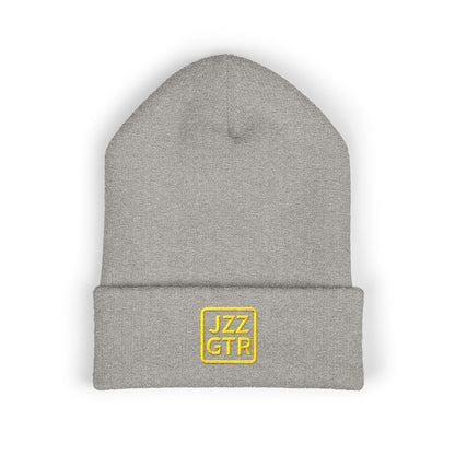 Yellow Embroidered JZZ GTR® Beanie Hat | Bold Winter Knit Hat for Jazz Guitar Fans | Vibrant Cuffed Beanie for Musicians
