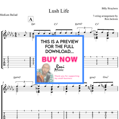 "Lush Life" Jazz Ballad | 7-String Guitar Chord Melody | Billy Strayhorn | Classic Arrangement with Sheet Music-TABS