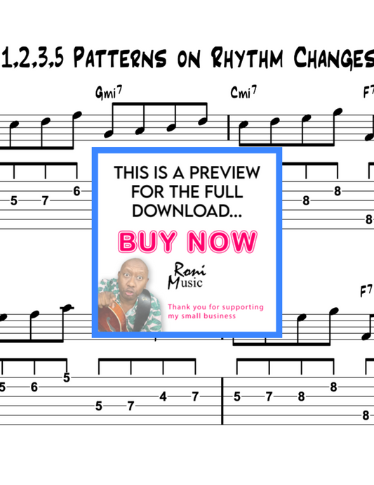 1,2,3,5 Jazz Improv Patterns on "Rhythm Changes" | 6-String Guitar Lesson | Advanced Soloing with Sheet Music & TABS