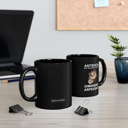 Shy Cat 11oz schwarze Kaffeetasse | Humorvolle Morgenkaffeetasse | Einzigartige Teetasse für Gitarristen | Neuartige Haushaltswaren für Musikliebhaber 
