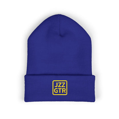 Yellow Embroidered JZZ GTR® Beanie Hat | Bold Winter Knit Hat for Jazz Guitar Fans | Vibrant Cuffed Beanie for Musicians