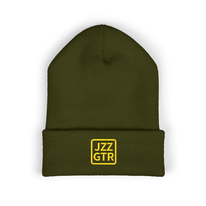 Yellow Embroidered JZZ GTR® Beanie Hat | Bold Winter Knit Hat for Jazz Guitar Fans | Vibrant Cuffed Beanie for Musicians