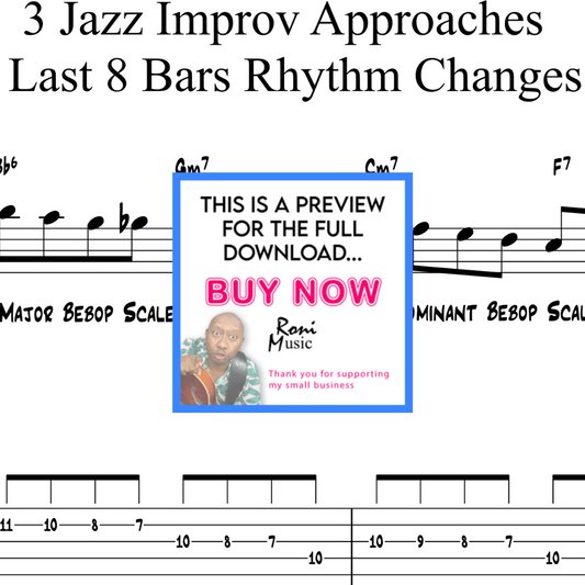 6 String Jazz Guitar Lick Riff 3 Jazz Improv Approaches Last 8 Bars Rhythm Changes Sheet Music TABS Video