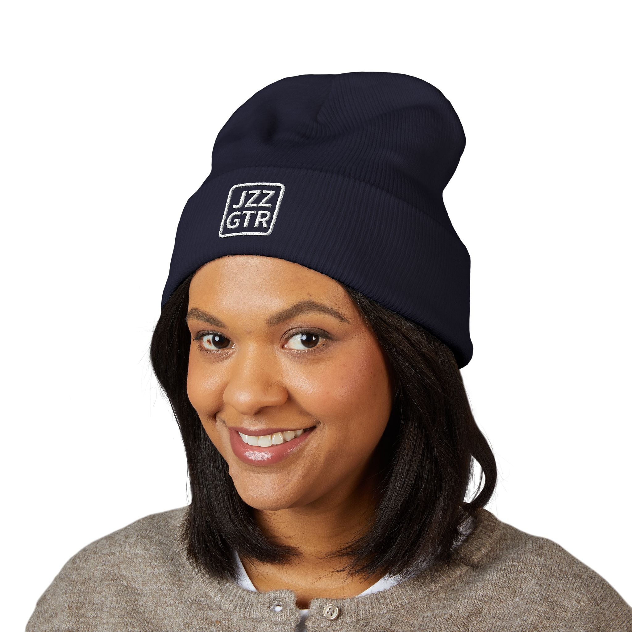 White Embroidered JZZ GTR™ Beanie Hat | Classic Jazz Musician Look