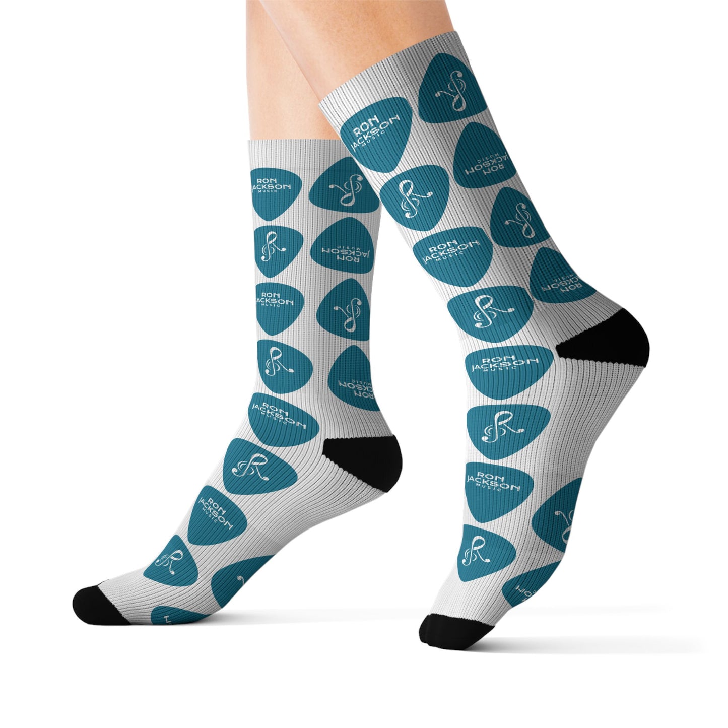 Ron Jackson Signature Guitar Pick Pattern Socks | Teal Pick Sublimation Crew Socks | Jazz Guitarist Merch