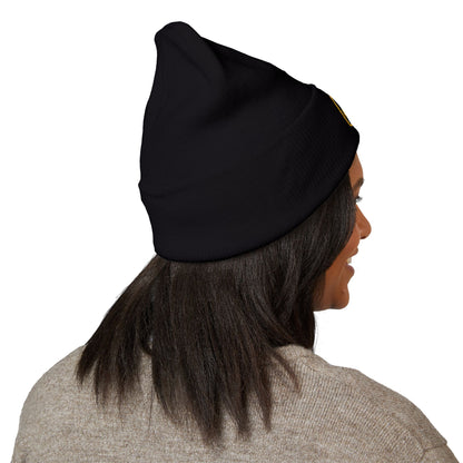 Yellow Embroidered JZZ GTR® Beanie Hat | Bold Winter Knit Hat for Jazz Guitar Fans | Vibrant Cuffed Beanie for Musicians