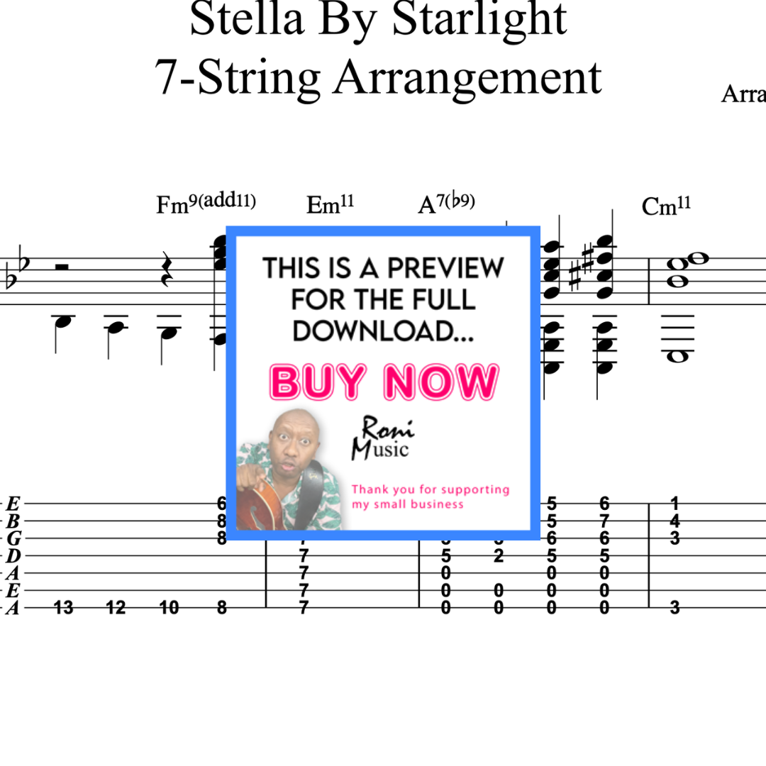 7-String Jazz Guitar Arrangement Jazz Standard "Stella By Starlight" Sheet Music TABS