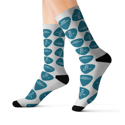 Ron Jackson Signature Guitar Pick Pattern Socks | Teal Pick Sublimation Crew Socks | Jazz Guitarist Merch