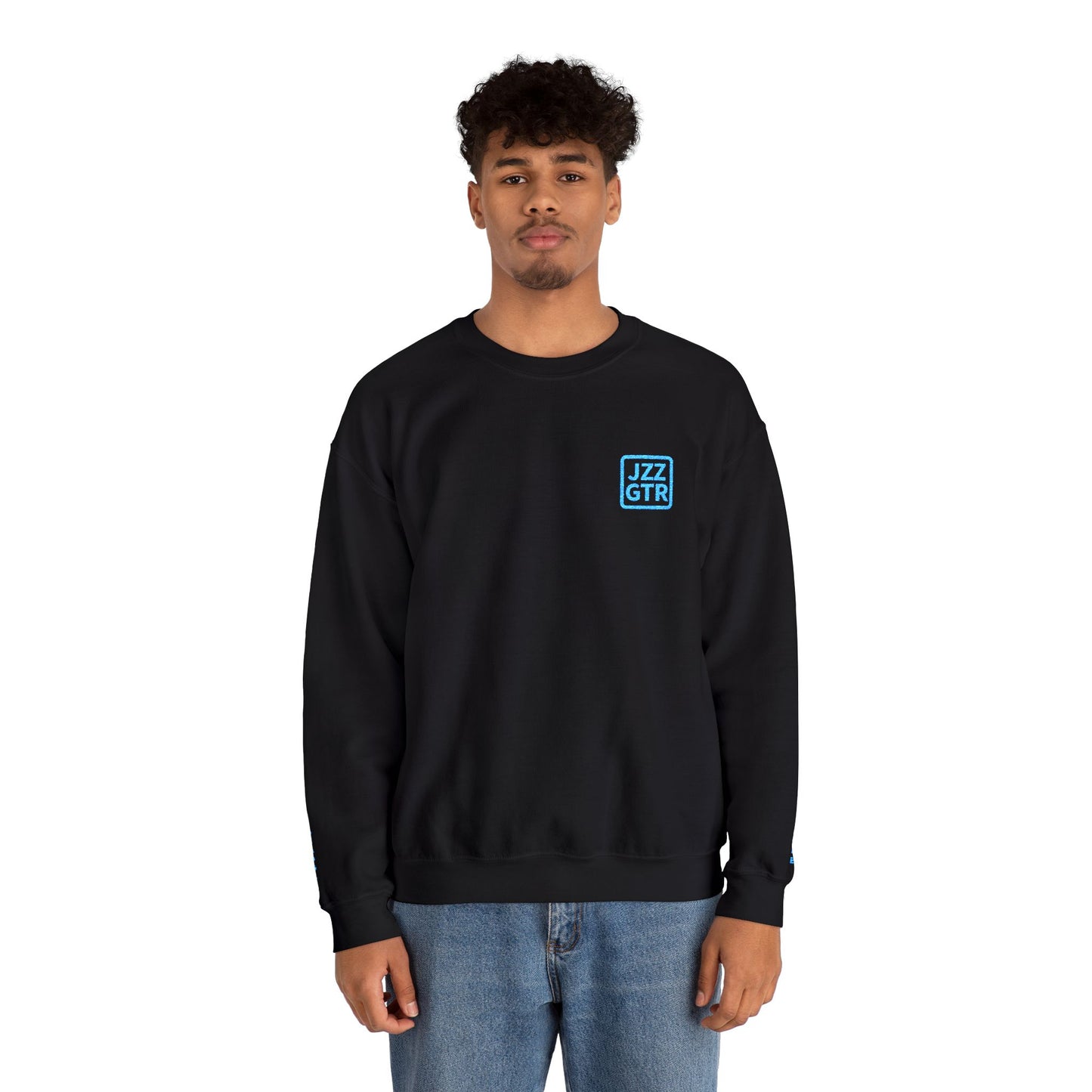 Black JZZ GTR ™ Tuning Crewneck Sweatshirt with Sleeve Notes Standard & 7-String Tuning Guide