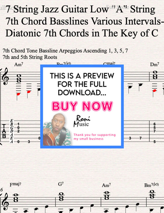 7-String Jazz Guitar Basslines – Low A String Lesson| 7th Chords | Sheet Music + TABs + Audio + MIDI