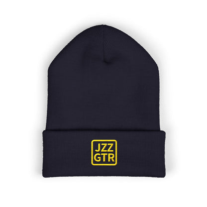 Yellow Embroidered JZZ GTR® Beanie Hat | Bold Winter Knit Hat for Jazz Guitar Fans | Vibrant Cuffed Beanie for Musicians