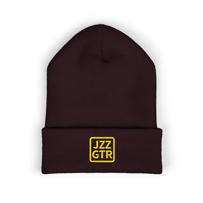 Yellow Embroidered JZZ GTR® Beanie Hat | Bold Winter Knit Hat for Jazz Guitar Fans | Vibrant Cuffed Beanie for Musicians