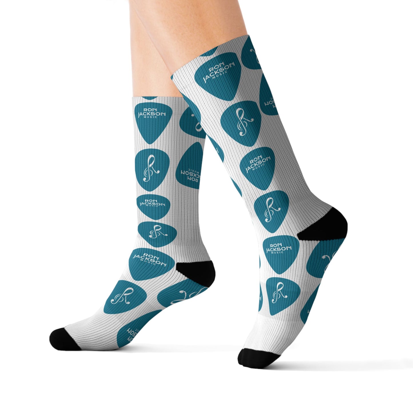 Ron Jackson Signature Guitar Pick Pattern Socks | Teal Pick Sublimation Crew Socks | Jazz Guitarist Merch