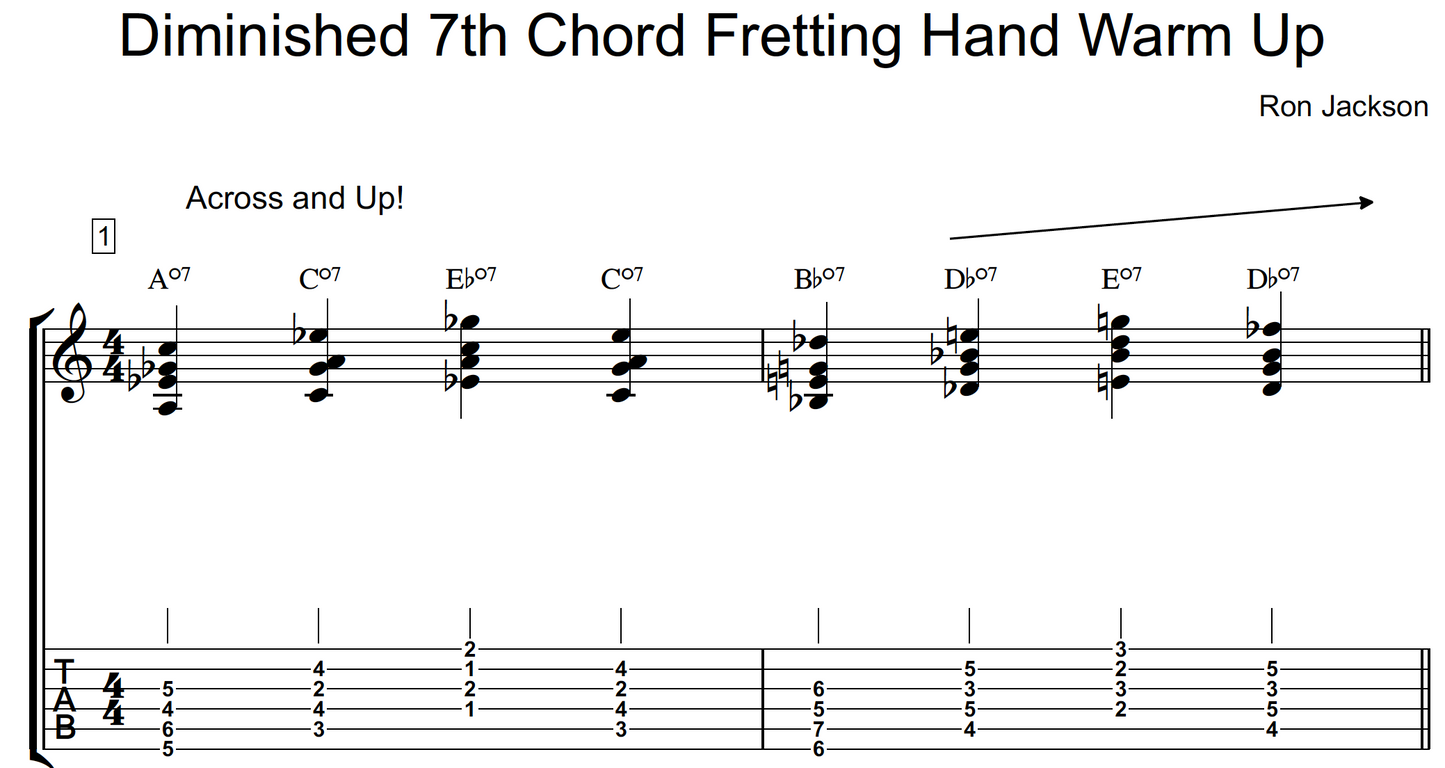 Diminished 7th Chord Fretting Hand Warm-Up Lesson with  Sheet Music and TABS