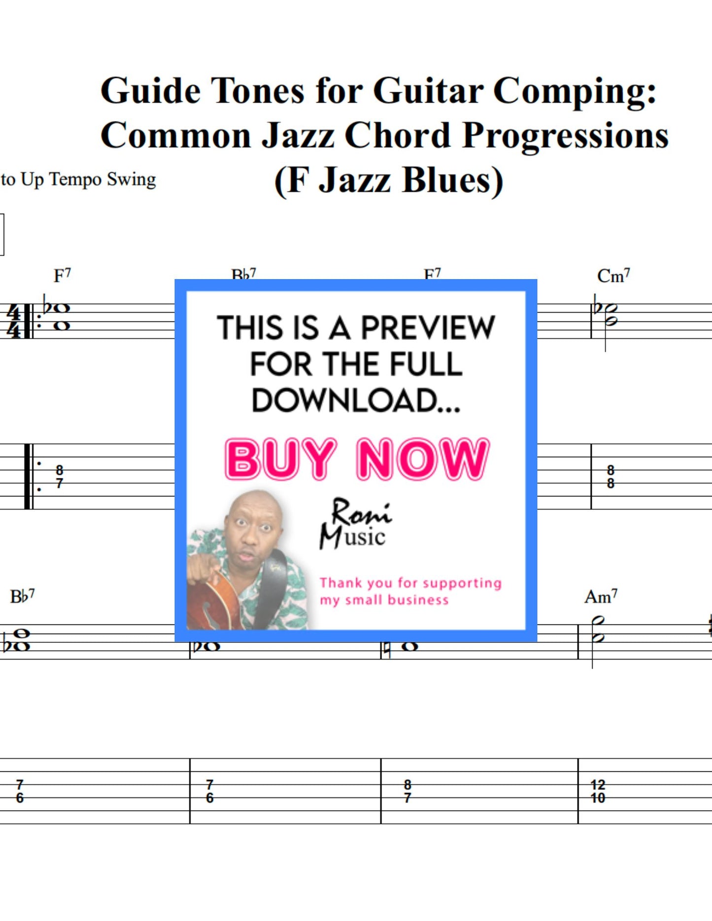 Jazz Guitar Comping with Guide Tones – F Jazz Blues Sheet Music, TABs, Audio MP3 & MIDI Files