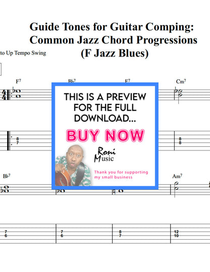 Jazz Guitar Comping with Guide Tones – F Jazz Blues Sheet Music, TABs, Audio MP3 & MIDI Files