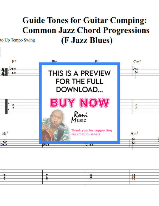Jazz Guitar Comping with Guide Tones – F Jazz Blues Sheet Music, TABs, Audio MP3 & MIDI Files
